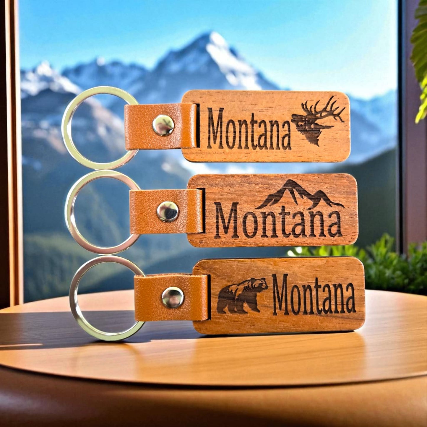 Wooden Keychain with leather strap